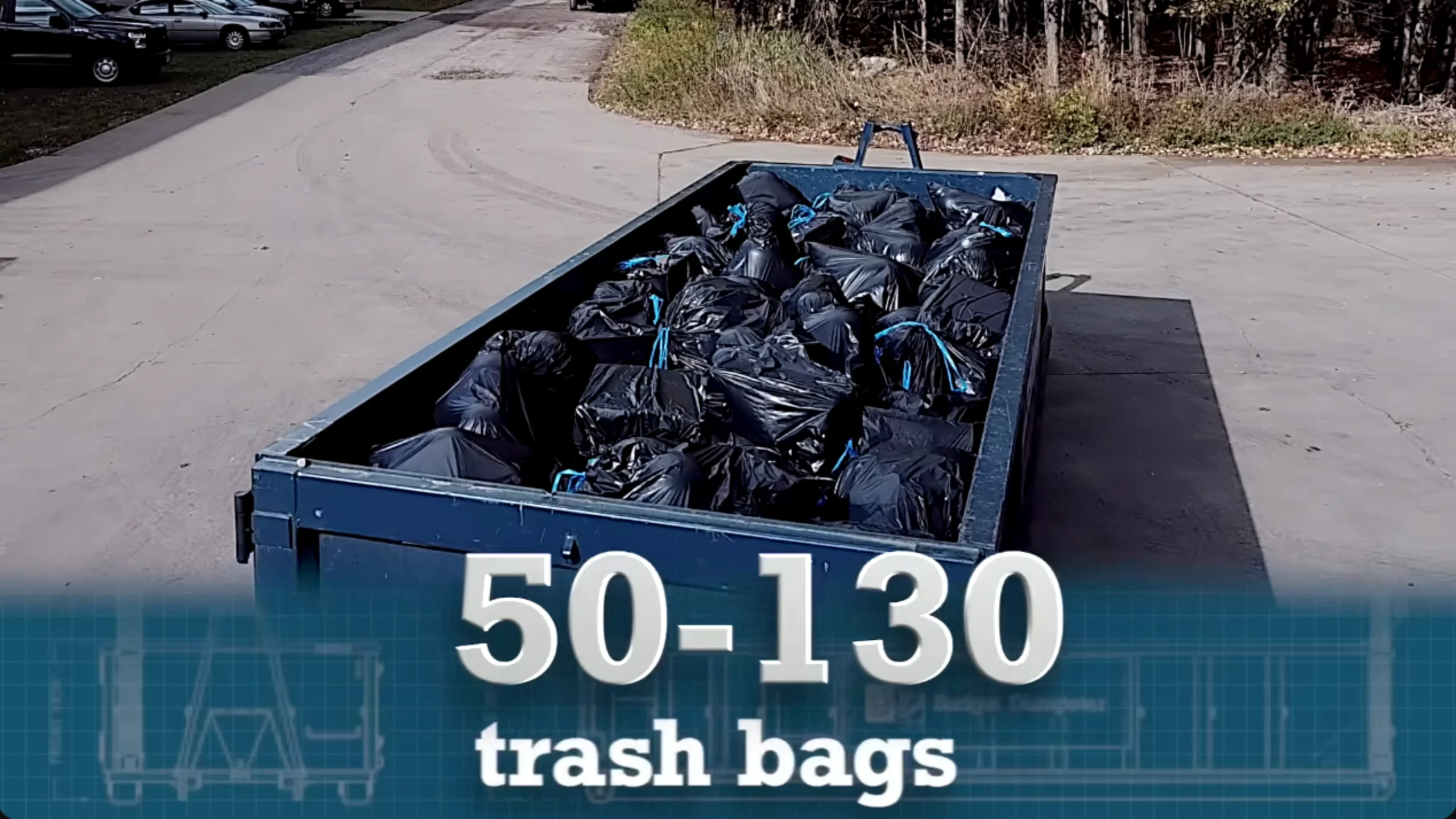 Dumpster holding 50 to 130 trash bags of debris