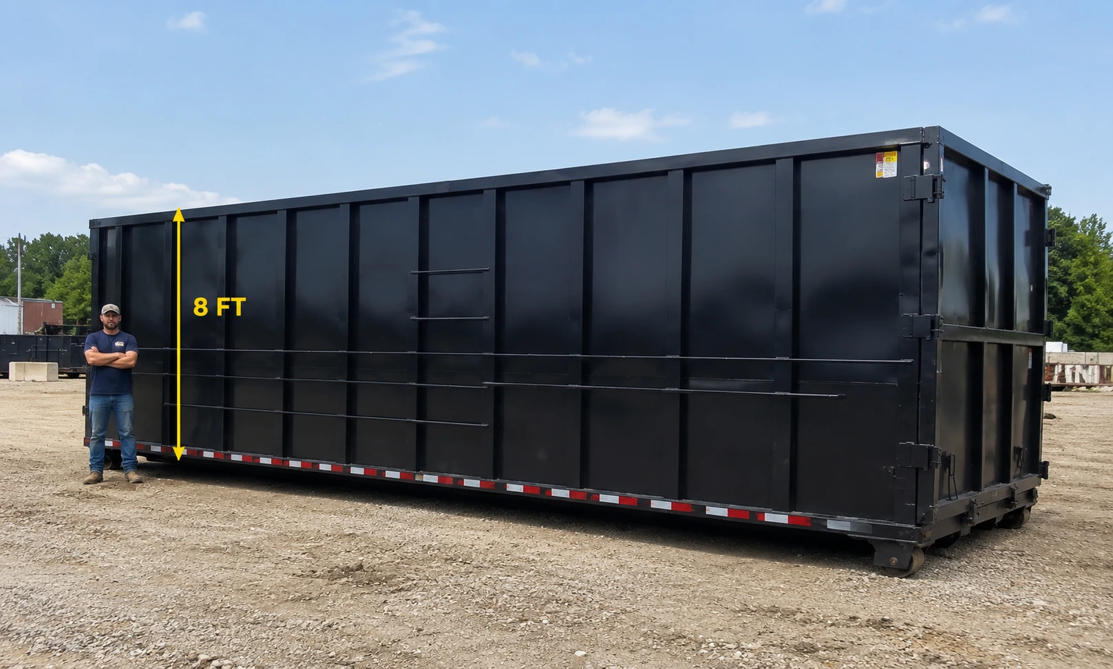 Man standing next to a 40 yard dumpster showing its 8 foot height in Owensboro, KY