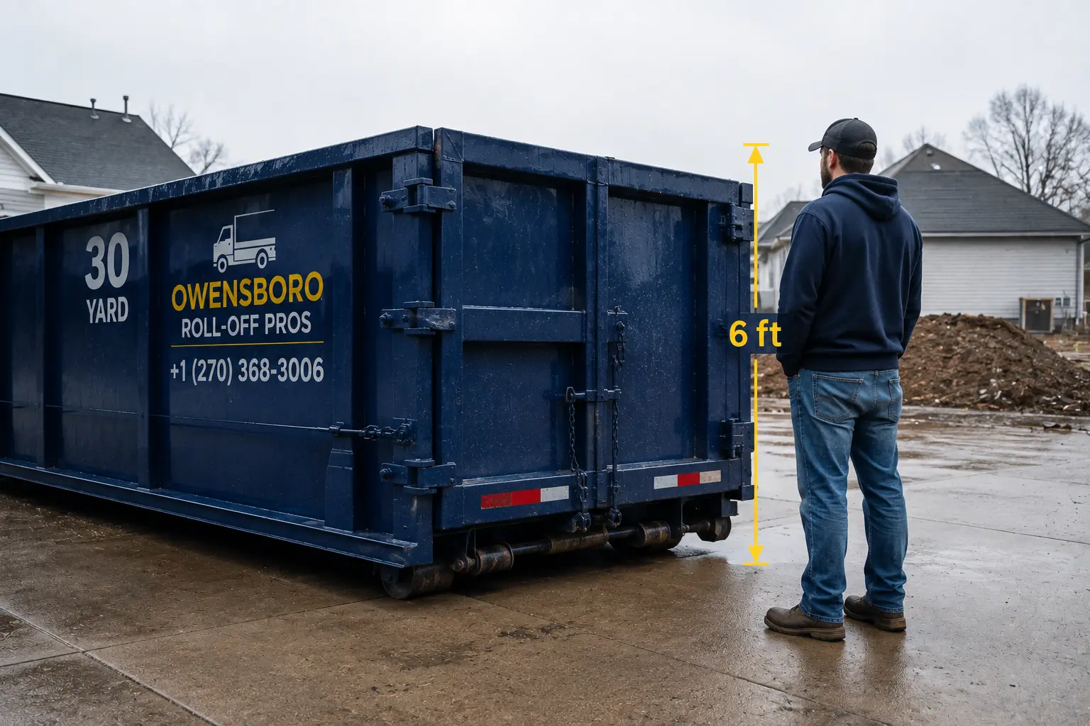 Man standing next to a 30 yard dumpster showing its 6 foot height in Owensboro, KY