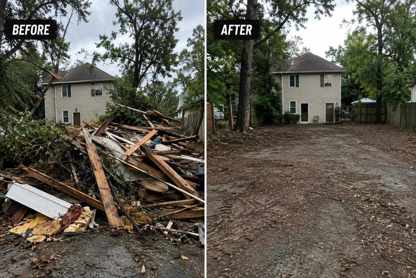 Clean yard after storm debris removal with dumpster rental